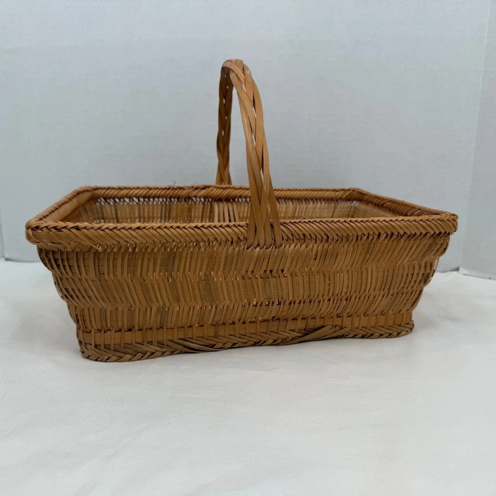 Vintage Handwoven Wicker Basket Rectangular Bamboo Reed with Handle Brown